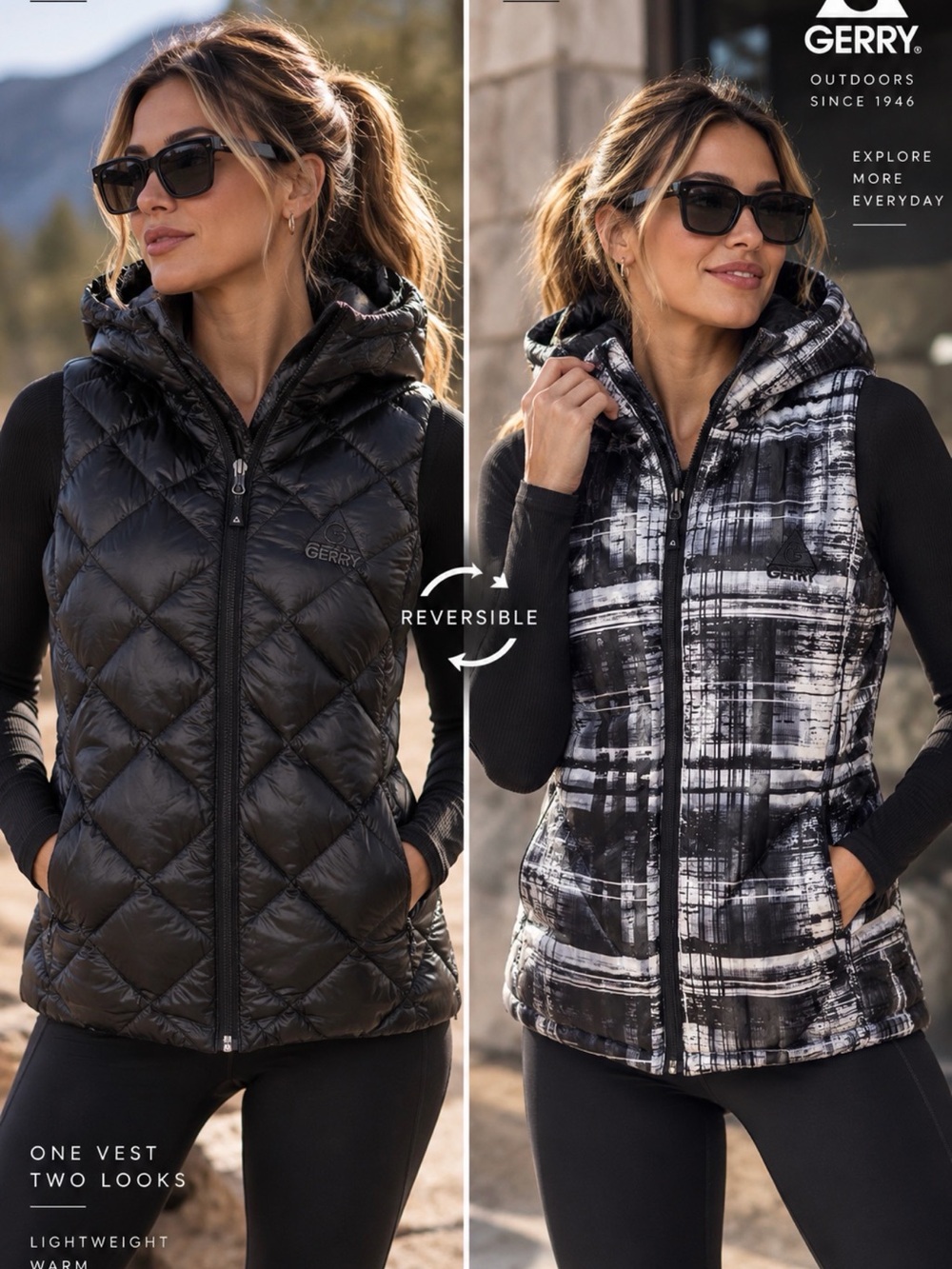 Gerry Reversible Hooded Puffer Vest — Black & Black/White Plaid Sz. S like new